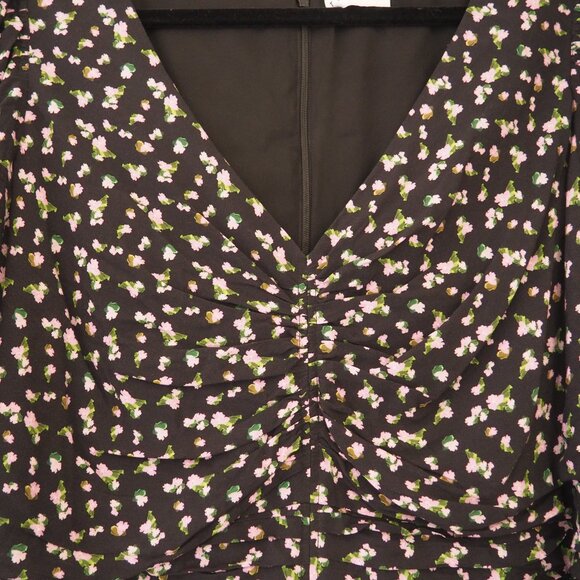 Tanya Taylor Black Floral Pansy Puff Sleeve V-Neck Ruched Flounce Silk Dress - Picture 8 of 12